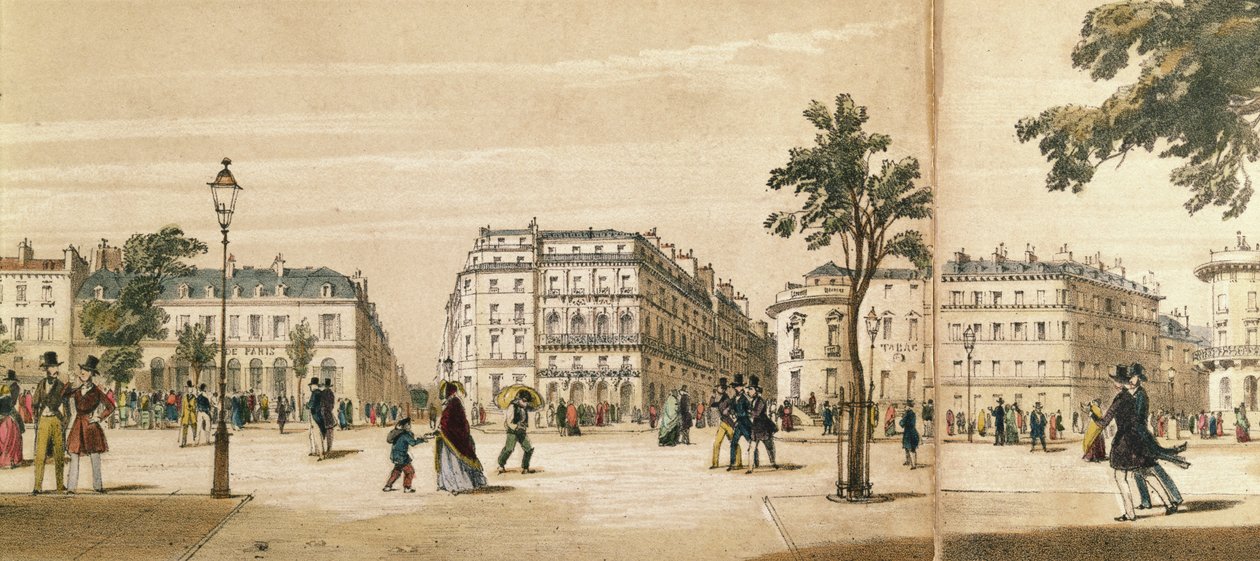 Detalhe de um panorama do Boulevard des Italiens, c.1840 (cor litho) de French School