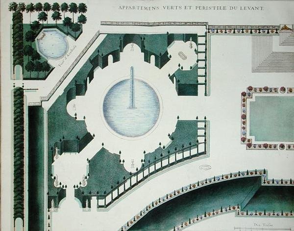 Detalhe dos Jardins em Marly (gravação a cores) de French School