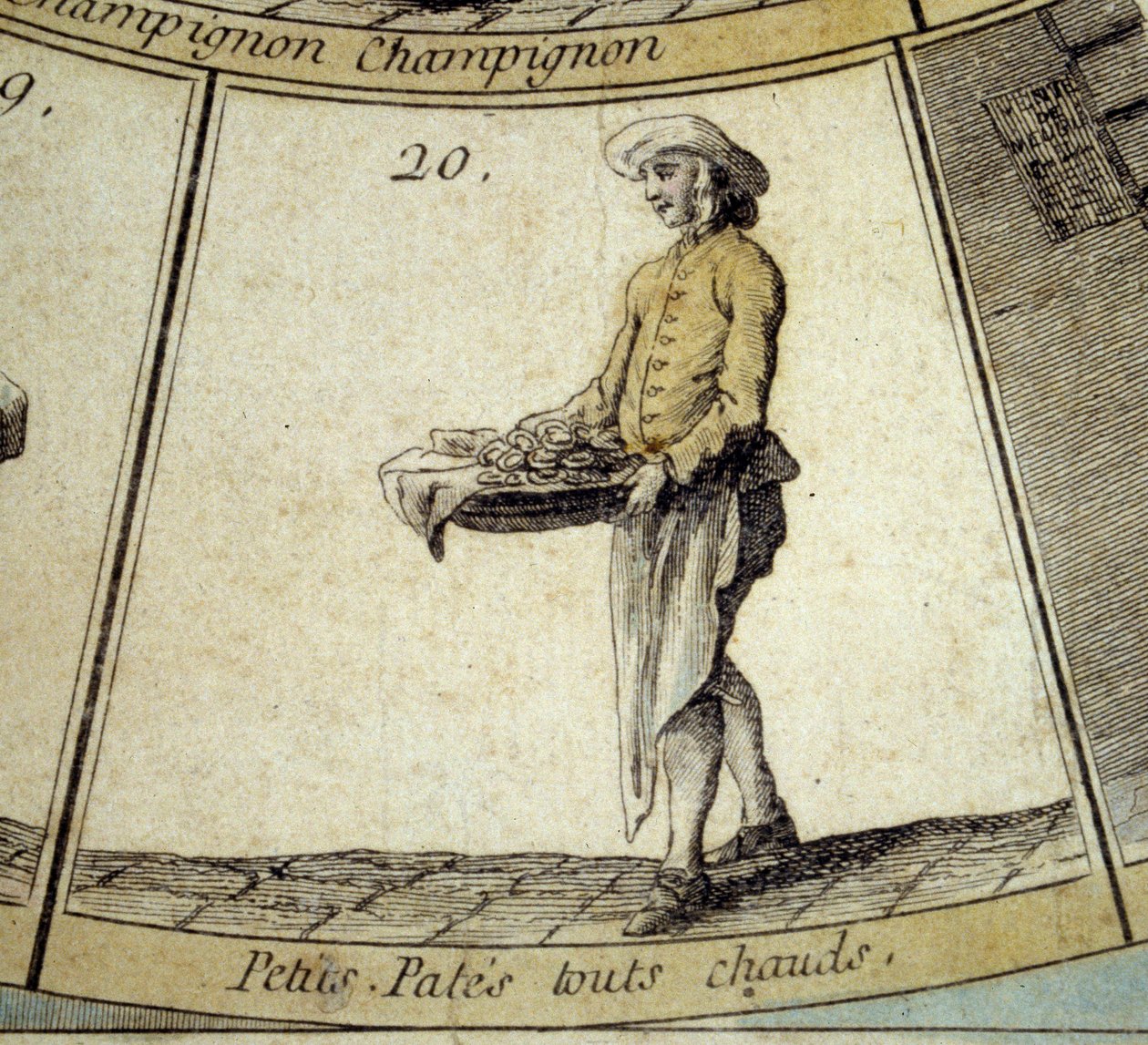 Detalhe do jogo do Ganso do Cree de Paris: comerciante de massas quentes. Gravura do século XVIII. Coll. Partida. de French School