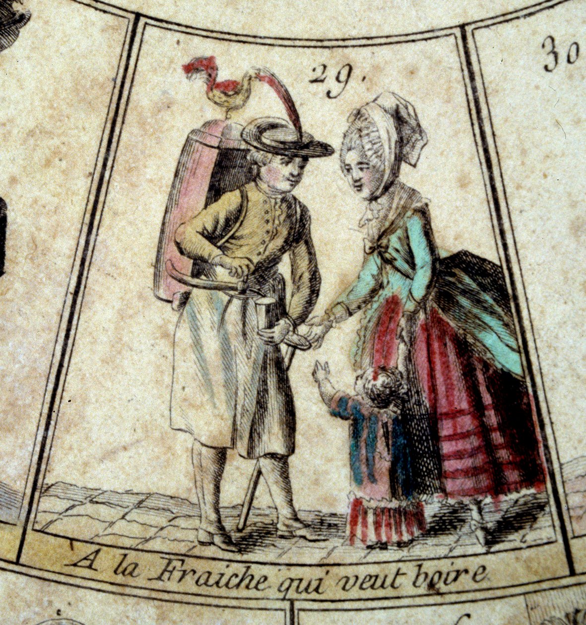 Detalhe do jogo do Ganso do Cree de Paris: a leiteria e o carregador de água. Gravura do século XVIII. Coll. Saindo. de French School