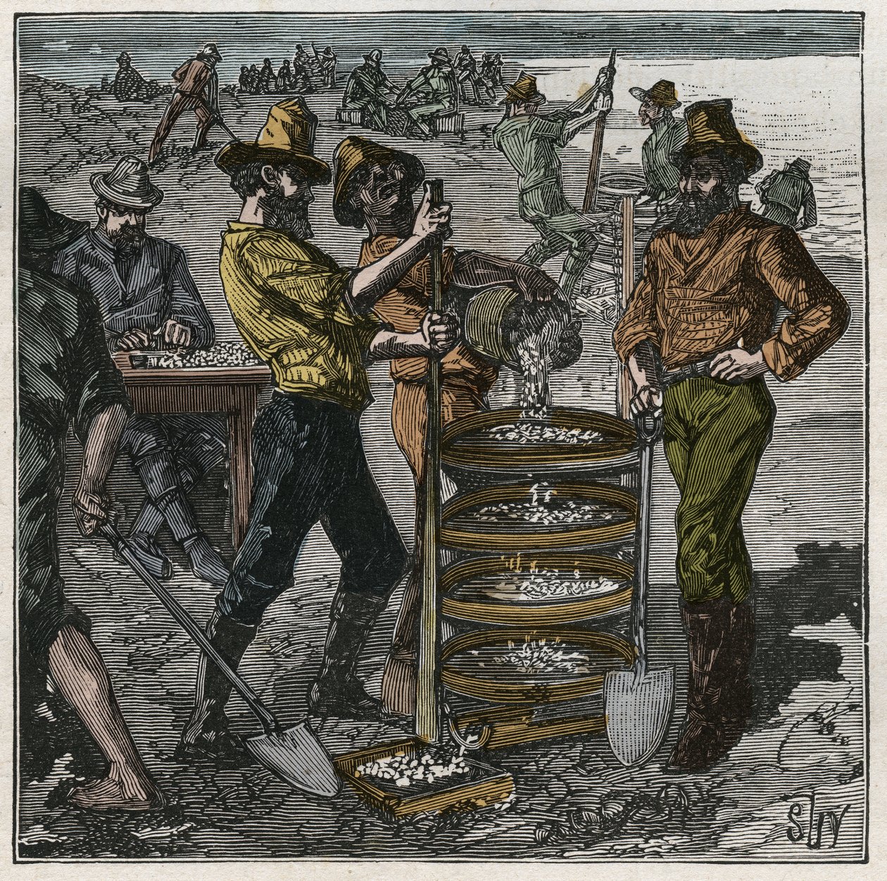 Lavagem de diamantes na África do Sul, no século XIX. Gravura a partir de 1885 em "Les arts et metiers illustres" de Adolphe BITARD. de French School