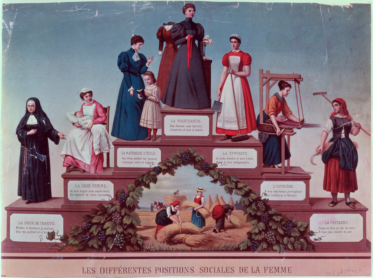 Posições sociais diferentes das mulheres, final do século XIX (gravura a cores) de French School