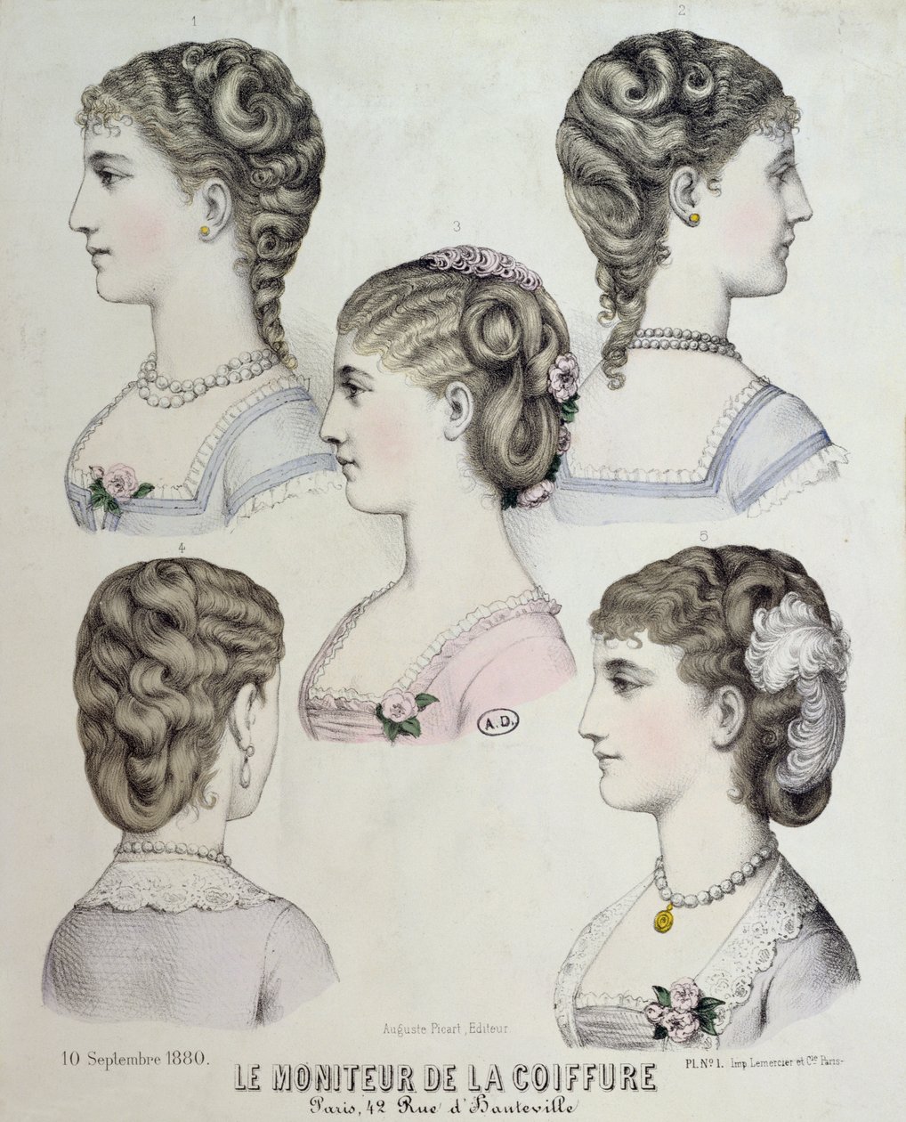 Penteados diferentes, prato do Le Moniteur de la Coiffure, 1880 de French School