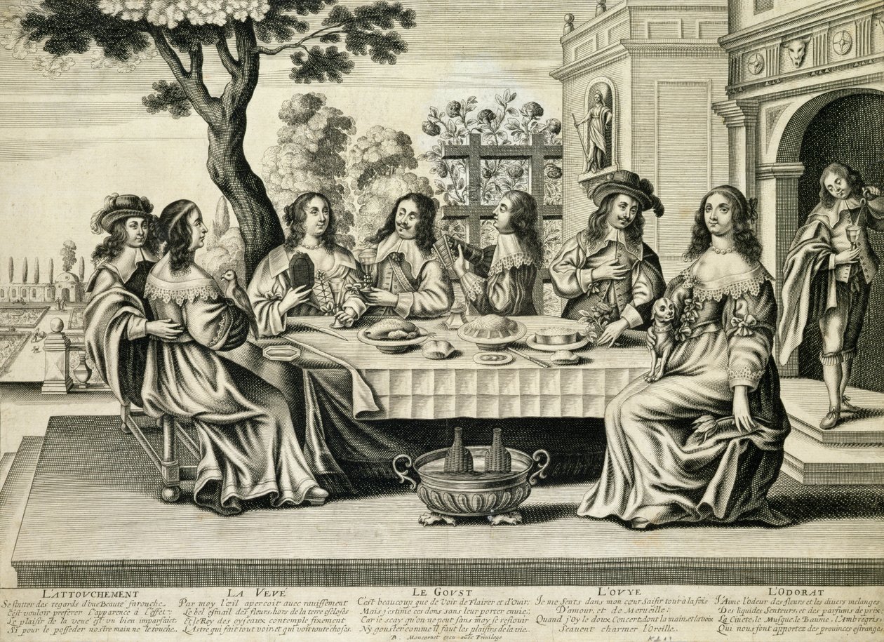 Diners em um terraço com um jardim formal abaixo, gravado por Balthazar Moncornet (c.1600-68) de French School