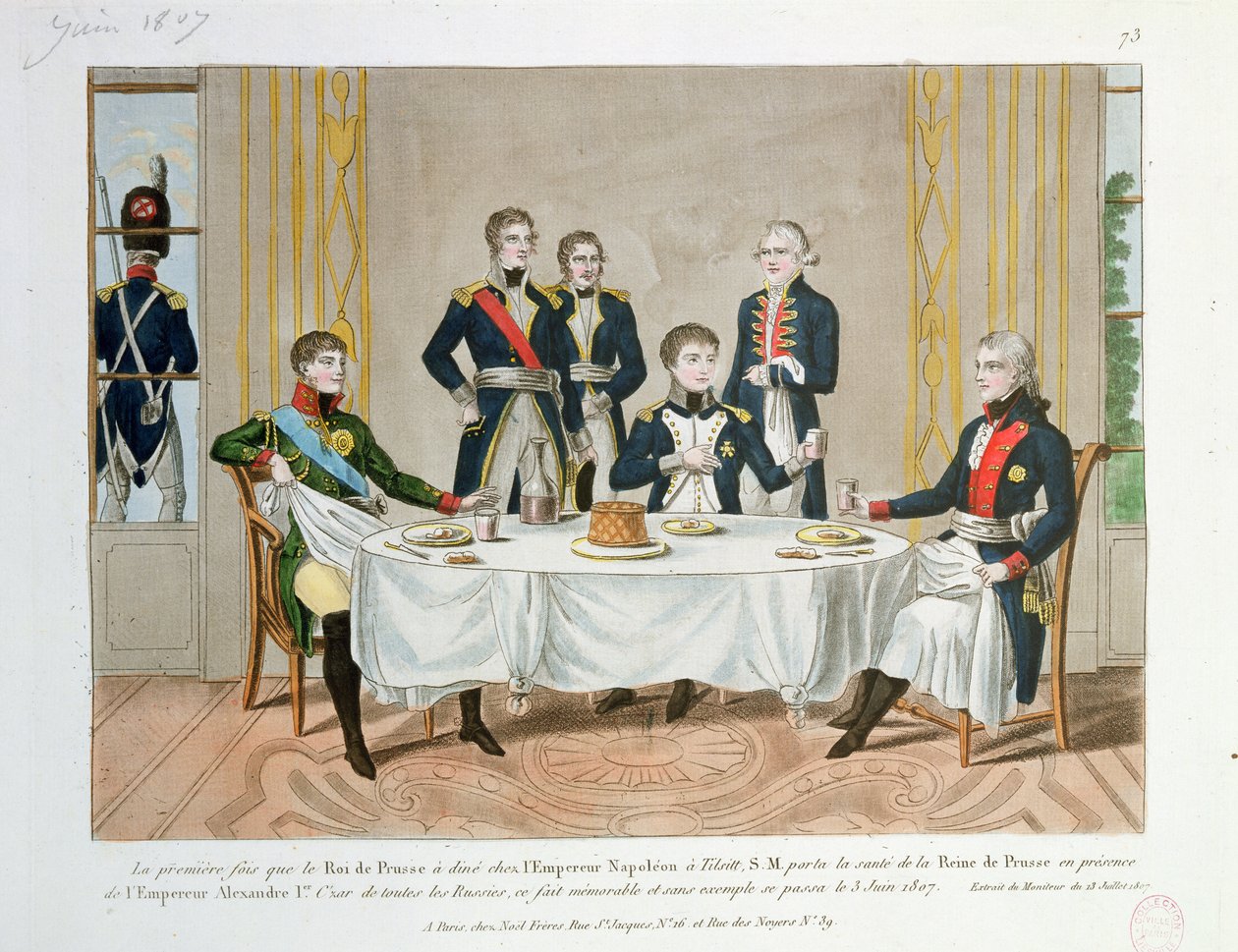 Jantar em Tilsit entre Frederico Guilherme III da Prússia, Czar Alexandre I da Rússia e Napoleão, que faz um brinde à rainha da Prússia, 3 de junho de 1807 de French School