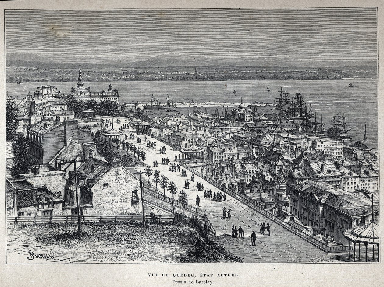 Descubra o Canadá: vista da cidade do Quebec no final do século XIX. Desenho em Barclay. Gravura do final do século XIX em "La nouvelle France" de Eugene Guenin. de French School
