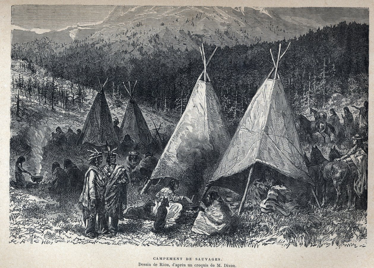 Descobrimos o Canadá: Acampamento dos índios americanos com teepees. Desenho de Riou a partir de um esboço de Dixon. Gravura do final do século XIX em "La nouvelle France" de Eugene Guenin. de French School