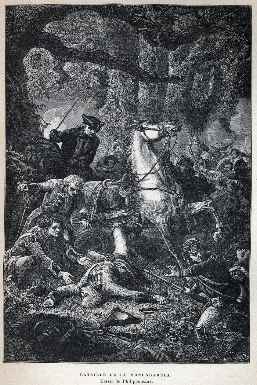 Descobrimos o Canadá: Batalha de Monongahela em 1755 durante a Guerra dos Sete Anos. Desenho de Philippoteaux. Gravura do final do século XIX em "La nouvelle France" de Eugene Guenin. de French School