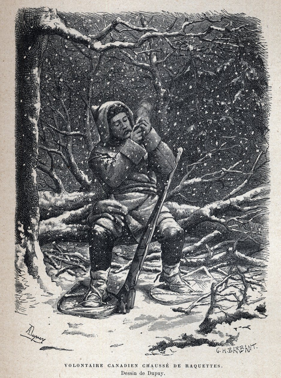 Descobrimos o Canadá: Sapatos de raquetes de neve voluntários do exército canadiano. Desenho de Dupuy. Gravura do final do século XIX em "La nouvelle France" de Eugene Guenin. de French School