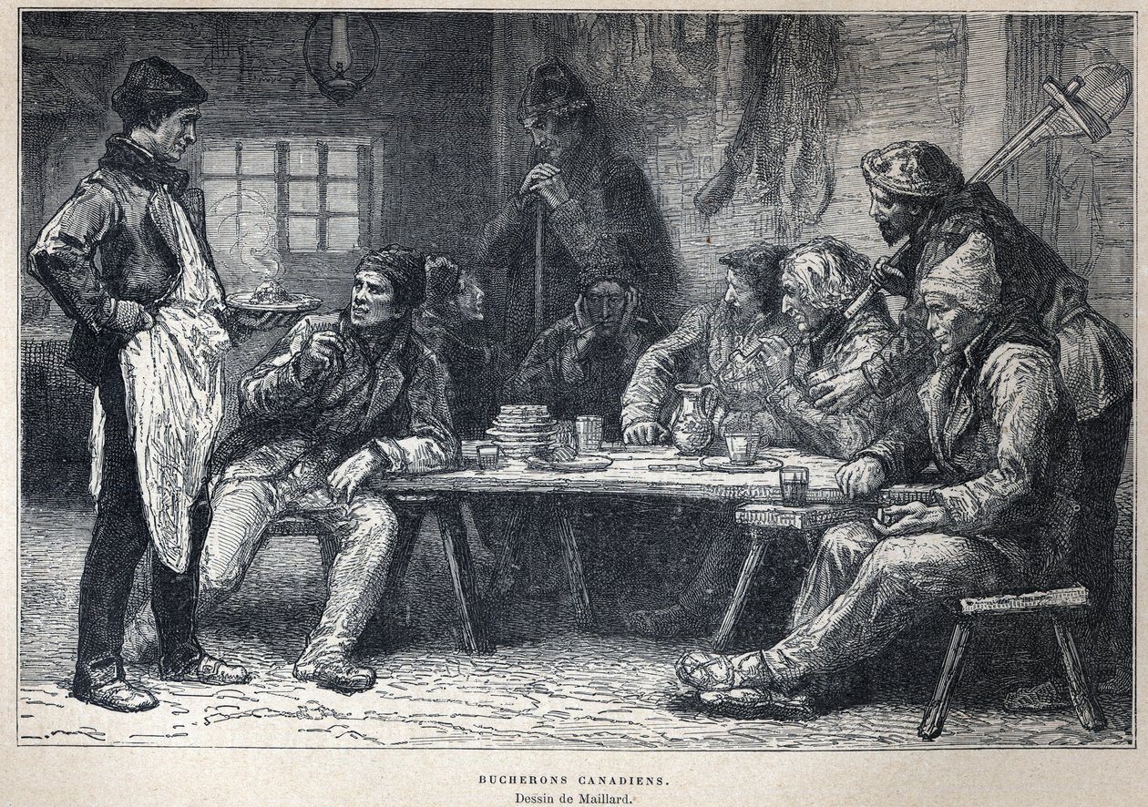 Descobrimos o Canadá: Madeireiros canadianos. Desenho de Maillard. Gravura do final do século XIX em "La nouvelle France" de Eugene Guenin. de French School