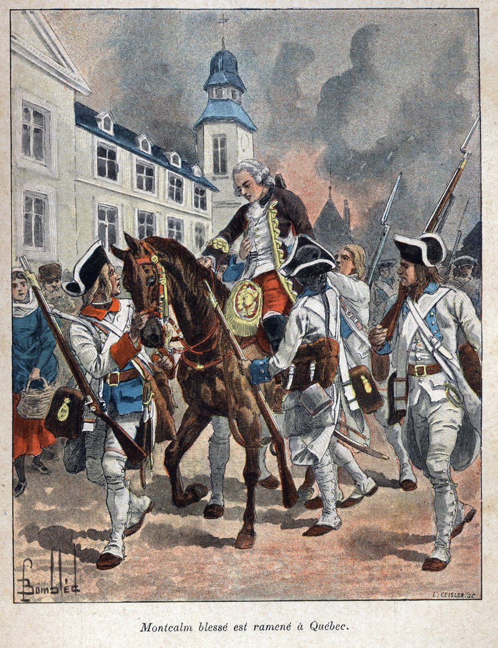 Descobrimos o Canadá: Louis Joseph de Montcalm (1712-1759) general francais ferido durante o cerco da cidade de Quabec pelos ingleses e trazido de volta ao Quebec em 1759. Gravura do final do século XIX em "La nouvelle France" de Eugene Guenin. de French School