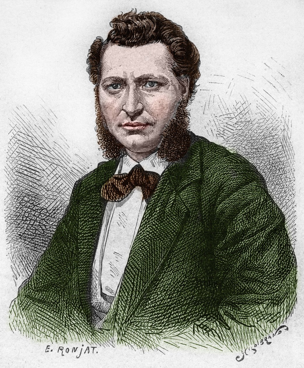 Descobrimos o Canadá: Retrato de Louis Riel (1844-1885), político canadense e defensor do povo Metis. Gravura do final do século XIX em "La nouvelle France", de Eugene Guenin. de French School