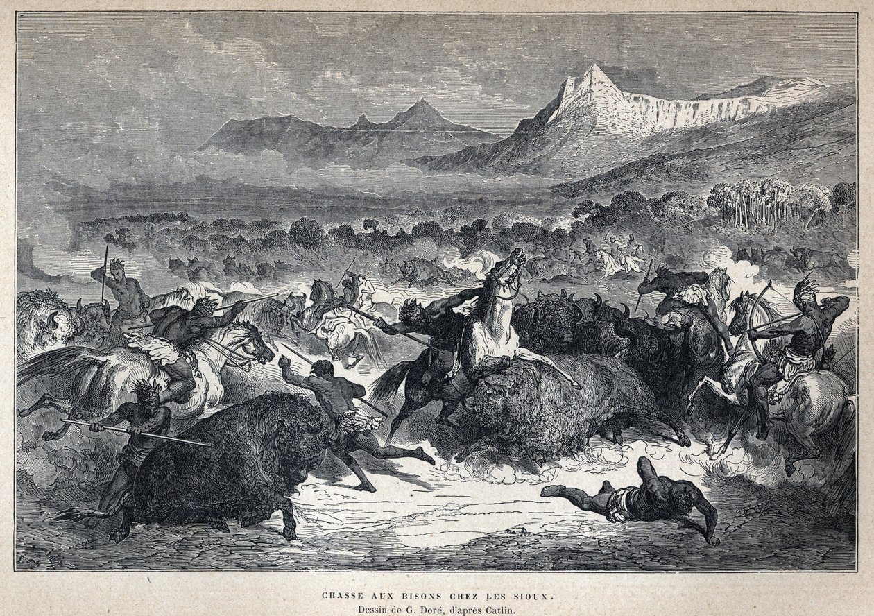 Descobrimos o Canadá: Caça aos bisontes Sioux. Desenho de Gustave Dore depois de Catlin. Gravura do final do século XIX em "La nouvelle France" de Eugene Guenin. de French School