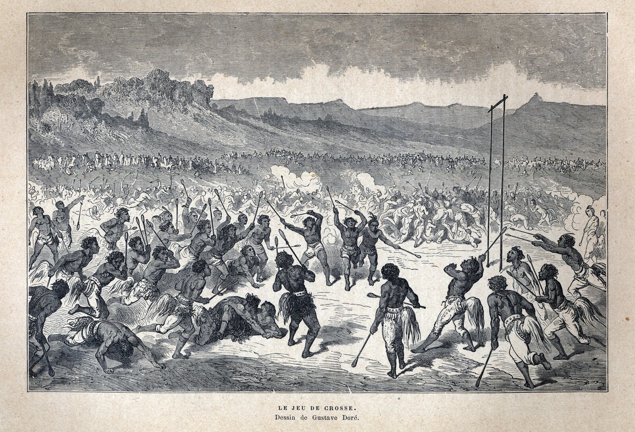 Descobrimos o Canadá: Desporto. O jogo de lacrosse dos índios americanos. Desenho de Gustave Dore. Gravura do final do século XIX em "La nouvelle France" de Eugene Guenin. de French School