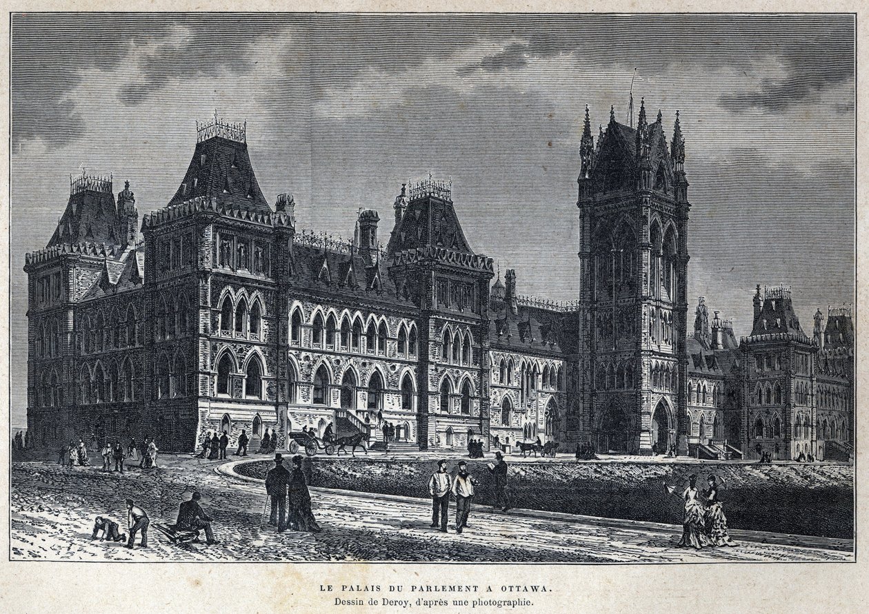 Descobrimos o Canadá: O Palácio do Parlamento em Ottawa. Desenho de Deroy a partir de uma fotografia. Gravura do final do século XIX em "La nouvelle France" de Eugene Guenin. de French School