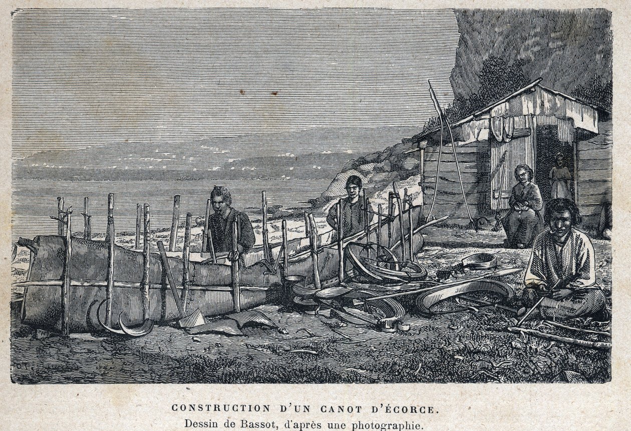 Descoberto o Canadá: construção de uma canoa de casca de árvore. Desenho de Bassot depois da fotografia. Gravura do final do século XIX em "La nouvelle France" de Eugene Guenin. de French School