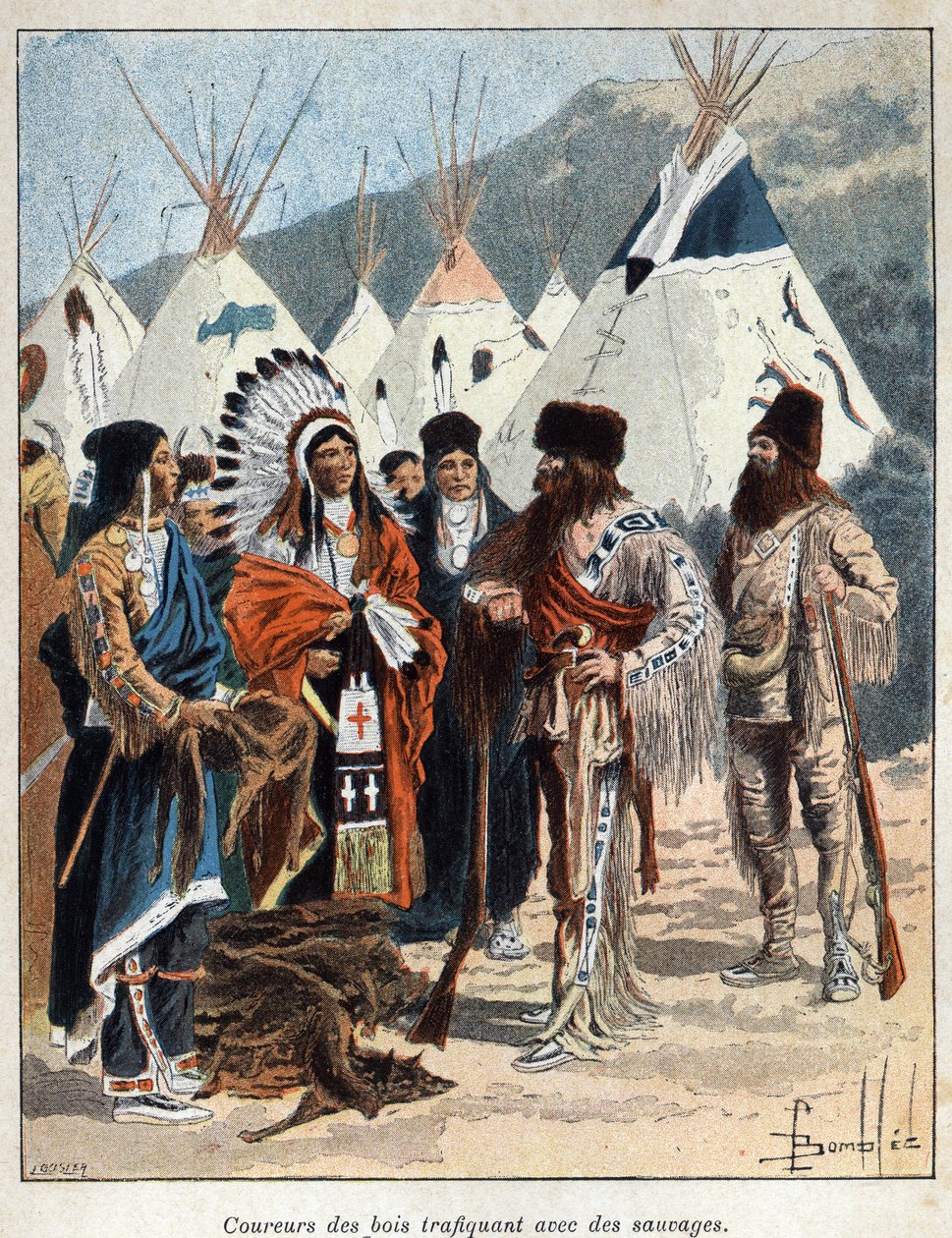 Descobriu o Canadá: os coureurs de bois, envolvidos no comércio de peles com os índios da América, comercializando peles de animais no século XVII. Gravura do final do século XIX em "La nouvelle France", de Eugene Guenin. de French School
