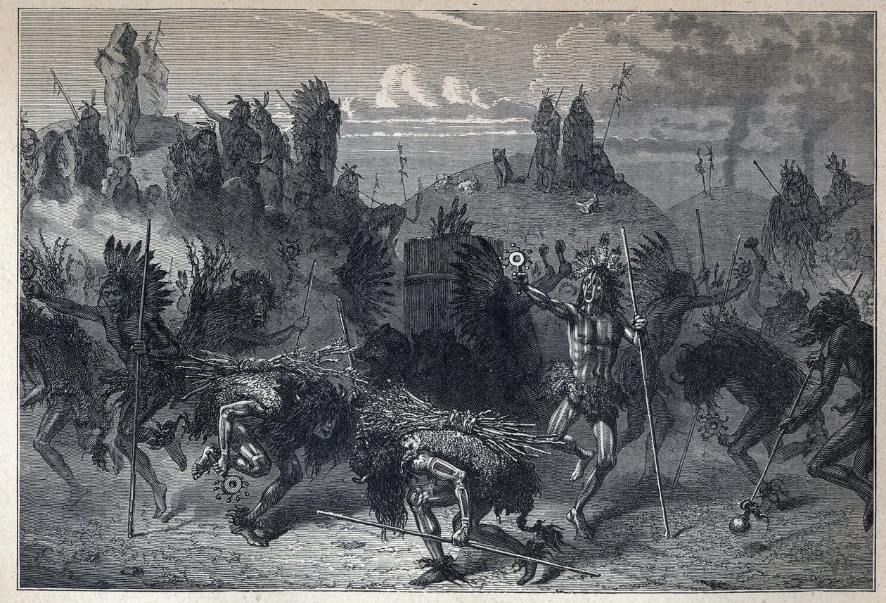 Descoberto o Canadá: a dança do bisonte no Mondanes. Gravura do final do século XIX em "La nouvelle France" de Eugene Guenin. de French School