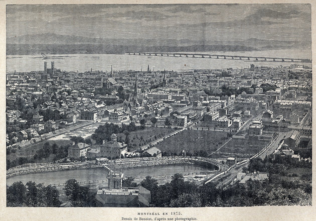Descoberto o Canadá: vista da cidade de Montreal em 1875. Desenho por Benoist depois da fotografia. Gravura do final do século XIX em "La nouvelle France" de Eugene Guenin. de French School