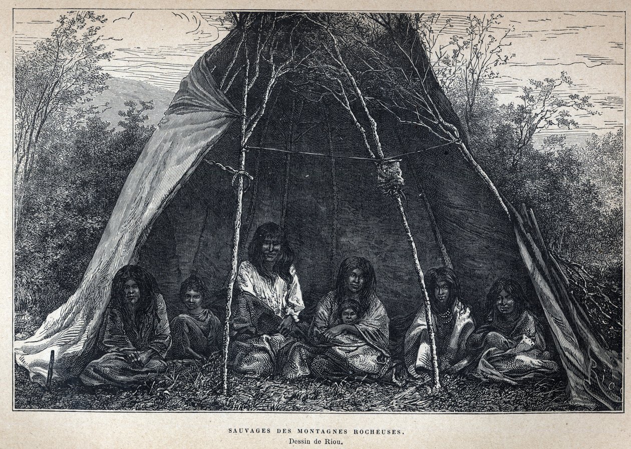 Descoberto do Canadá: Índios americanos que vivem nas Montanhas Rochosas. Gravura do final do século XIX em "La nouvelle France", de Eugene Guenin. de French School