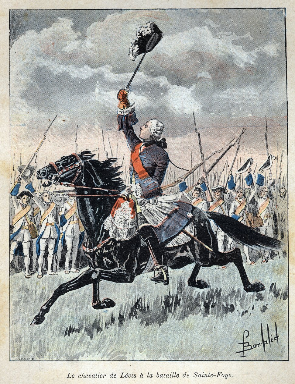 Descoberto do Canadá: François Gaston dit Chevalier de Levis (1719-1787) encorajando suas tropas militares na batalha de Saint Foy (Sainte-Foy) a 27 de Abril de 1760 contra a Inglaterra. Gravura do final do século XIX em "La nouvelle France" de Eugen de French School