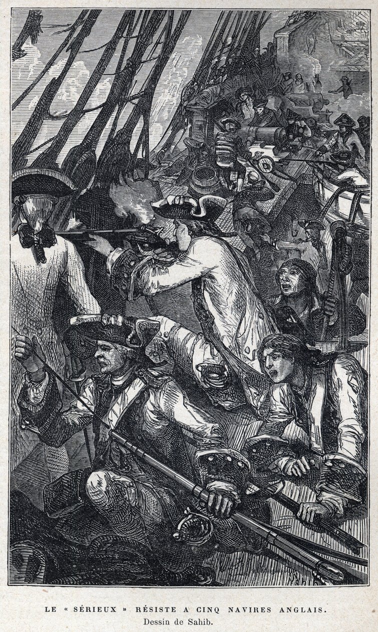 Descoberto do Canadá: Jacques Pierre de Taffanel de la Jonquiere (1685-1752) Oficial naval francês à frente do navio francês "Le serieux" resistiu a cinco navios ingleses. Desenho por Sahib. Gravura do final do século XIX em "La nouvelle Fra de French School