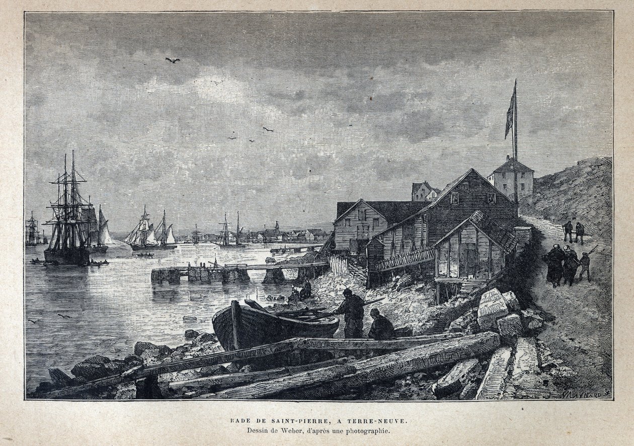 Descoberto do Canadá: O porto de São Pedro (St. Pierre) para Newfoundland, Newfoundland. Desenhado por Weber a partir de uma fotografia. Gravura do final do século XIX em "La nouvelle France", de Eugene Guenin. de French School