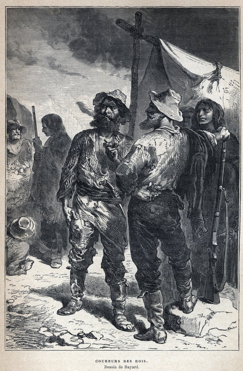 Descoberto do Canadá: coureur des bois (envolvido no comércio de peles com os ameríndios). Desenho Bayard. Gravura do final do século XIX em "La nouvelle France" de Eugene Guenin. de French School