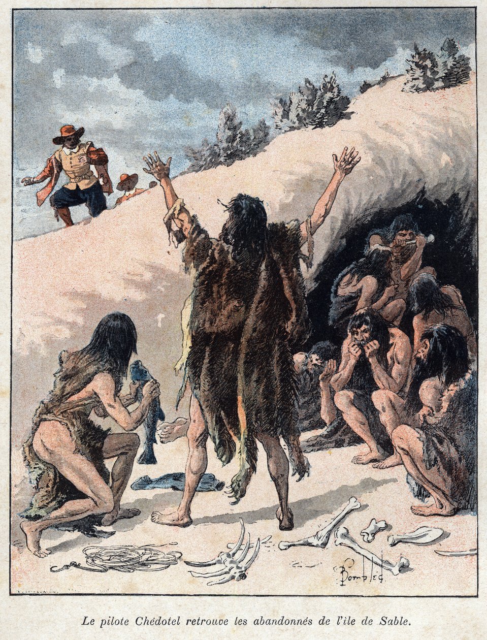 Descoberto do Canadá: o piloto Alexis Chedotel encontra a tripulação abandonada pelo Troilus du Mesgouez conhecido como Marquês de la Roche na ilha arenosa em 1578. Gravura do final do século XIX em "La nouvelle France" de Eugene Guenin. de French School