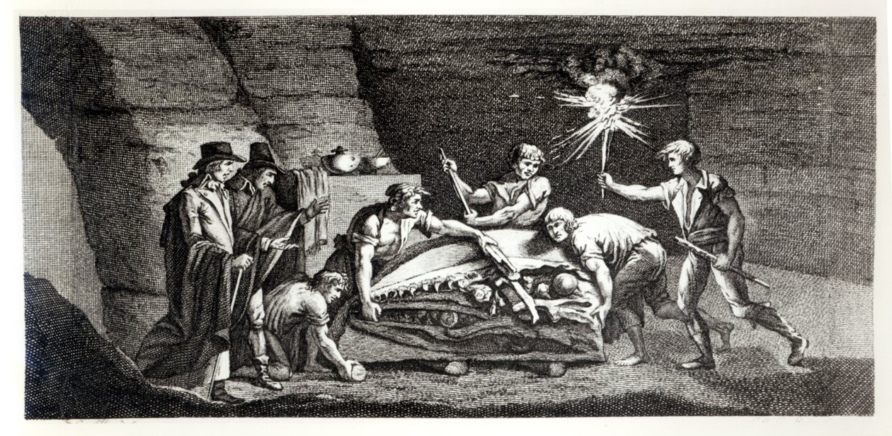 Descobrindo os ossos de um animal pré-histórico, ilustração da história natural da montanha de Saint-Pierre em Maastricht por Barthelemy Faujas de Saint Fond (1743-1819) 1799 de French School