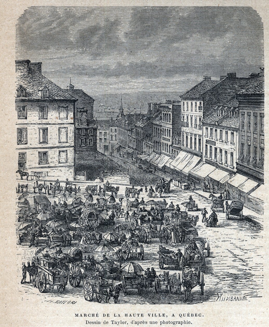 Disouverte du Canada: marchar da cidade alta (Cidade Alta ou Cidade Alta) para o Quebec. Desenho por Taylor a partir de uma fotografia. Gravura do final do século XIX em "La nouvelle France" de Eugene Guenin. de French School