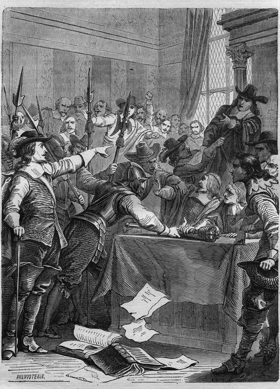 Dissolução do Parlamento por Oliver Cromwell (1599-1658) militar e político britânico que governou a Inglaterra. Gravura em "History of the Popes (...) Crimes da Rainha Rei e Imperadores através dos séculos" por Maurice Lachatre de French School