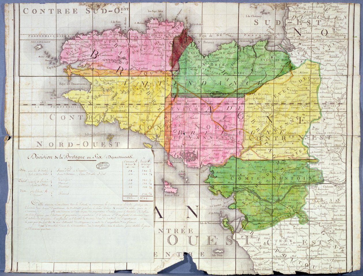 Divisão da Bretanha em Seis Departamentos, c.1789-90 (cor litho) de French School