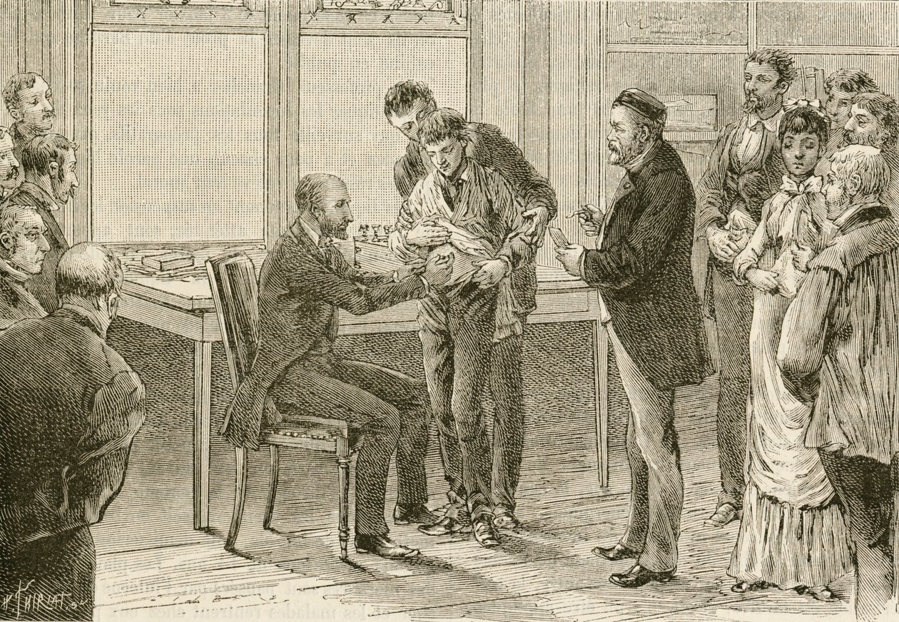 O Doutor Pasteur examina rapaz infectado com raiva. Século XIX (gravura) de French School