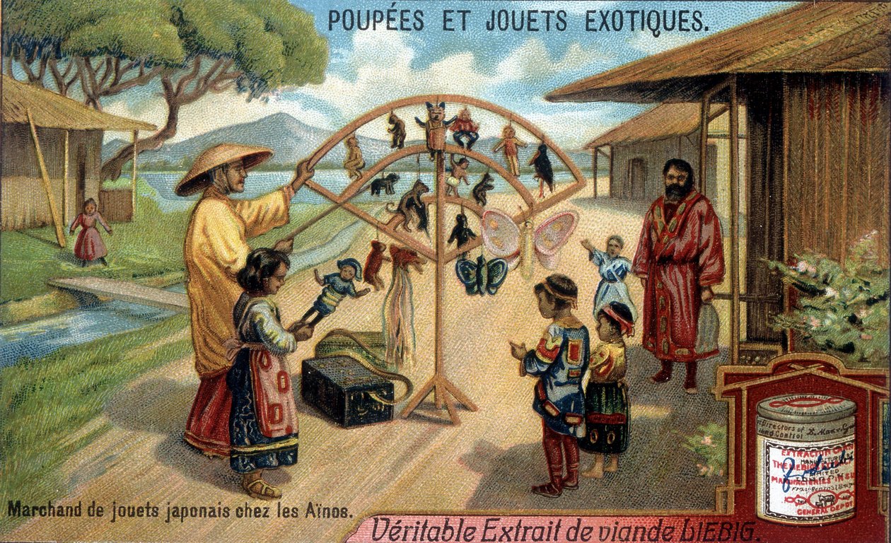 Bonecas e brinquedos exóticos: Comerciante japonês de brinquedos da tribo Ainu (Ainu) de Chishima. Cromolitografia de produtos Liebig. de French School