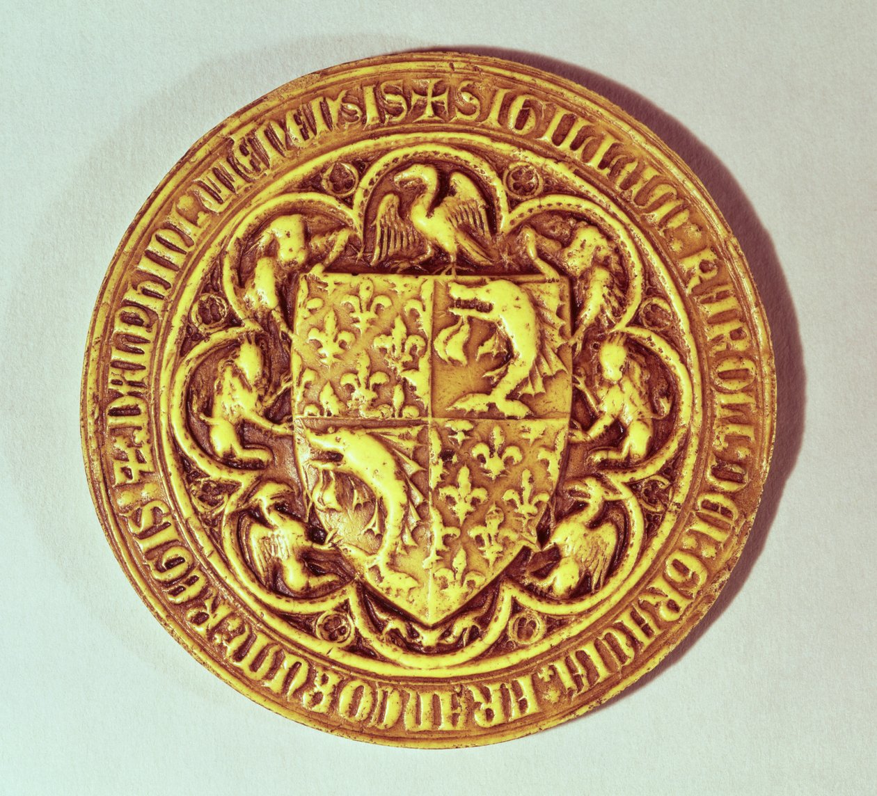 Golfinho Seal, o escudo da França, com golfinhos e fleur-de-lys, 1376 de French School