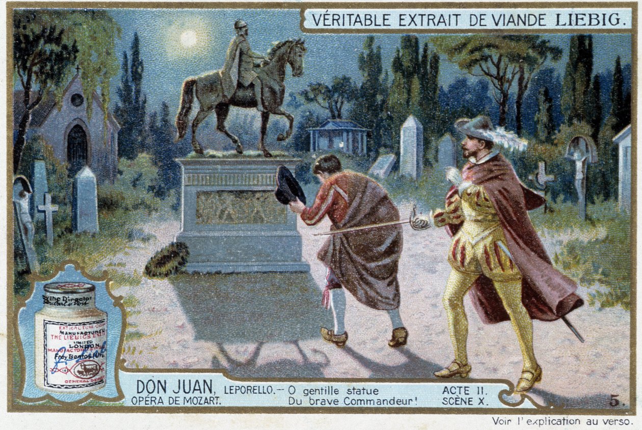 Don Juan: Acto II, Cena X, Don Juan no cemitério e estátua do Comandante - chromo Liebig de French School