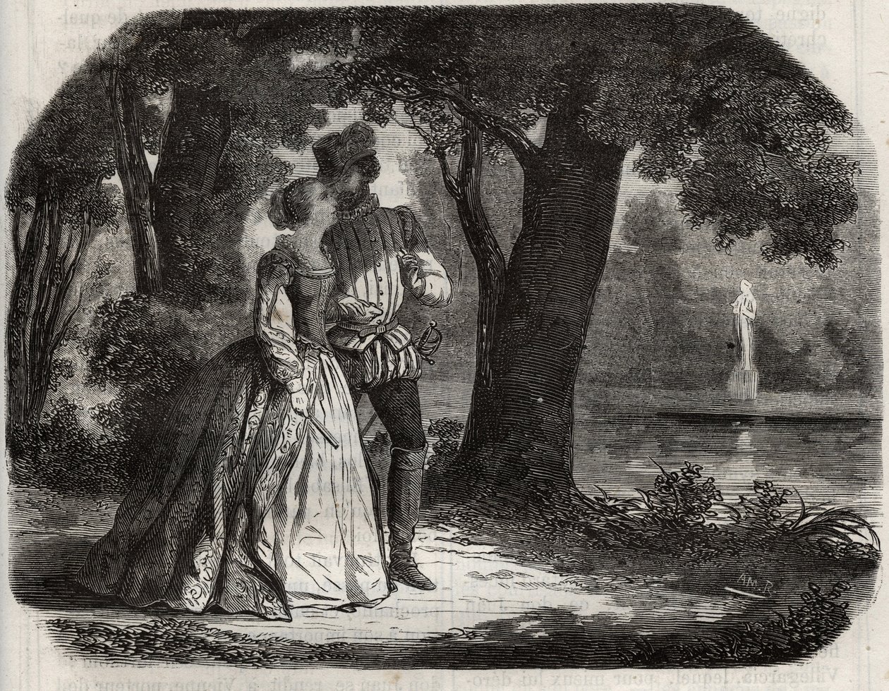 Don Juan discutiu com Ana da Áustria (1549-1580) sua possível união com o príncipe Don Carlos (1545-1568), filho do rei Felipe II da Espanha (1527-1598). Gravura de 1871 em "Histoire Des Cocus Celebres" de Henry de Kock (1819-1892). de French School
