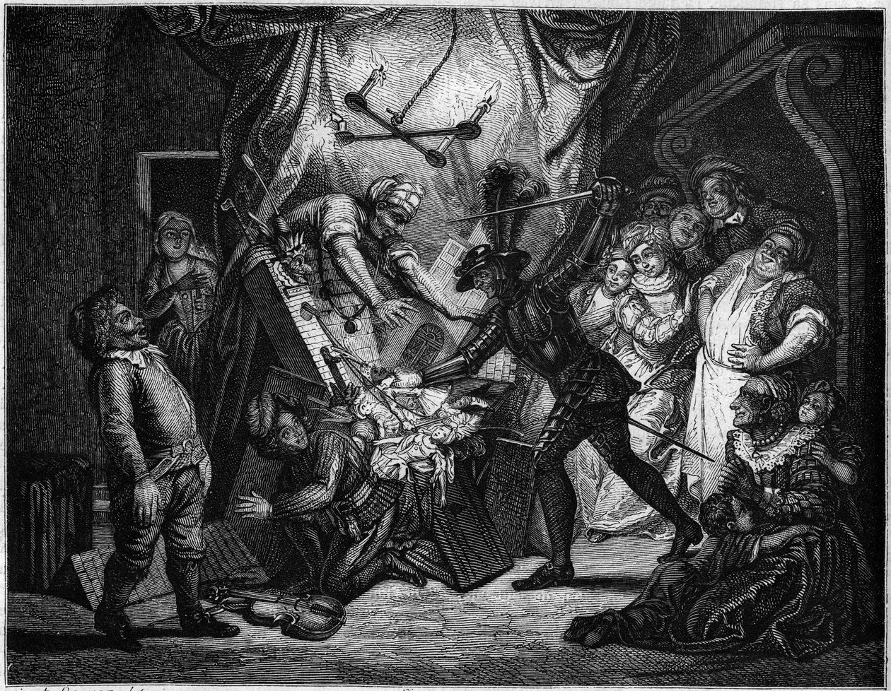 Dom Quixote luta contra os bonecos que ele pensa que são mouros. Gravura de V. Beauce após a pintura de Charles Antoine Coypel (1694 - 1752) ilustrando o romance de Cervantes (1547-1616). Em "Le Magasin pitoresco". de French School