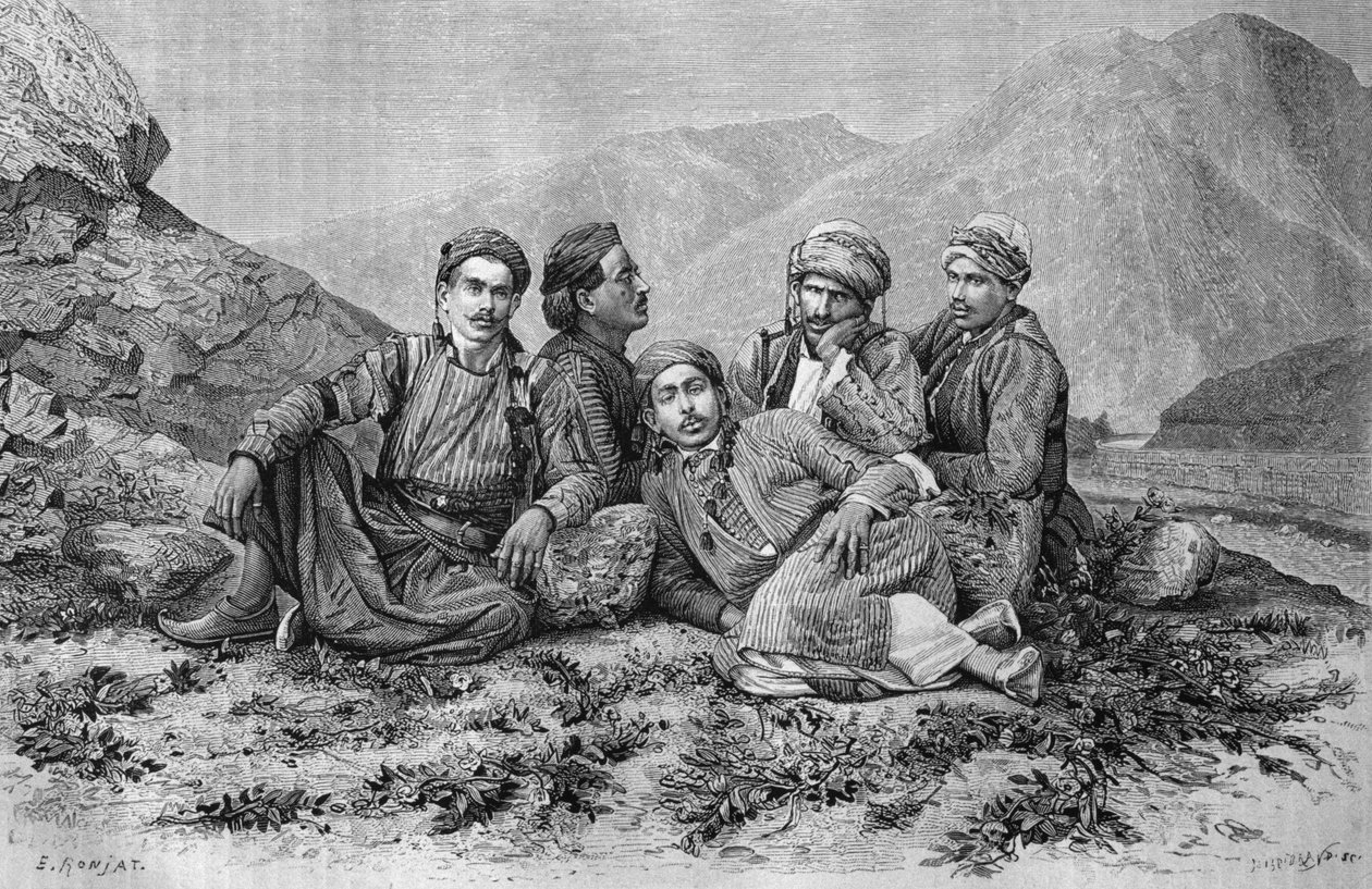 Donkey-drivers, da Síria hoje. Viajar para a Fenícia, o Líbano e a Judéia. 1875-1880 de Louis Charles Emile Lortet, 1884 (gravura do bw) de French School