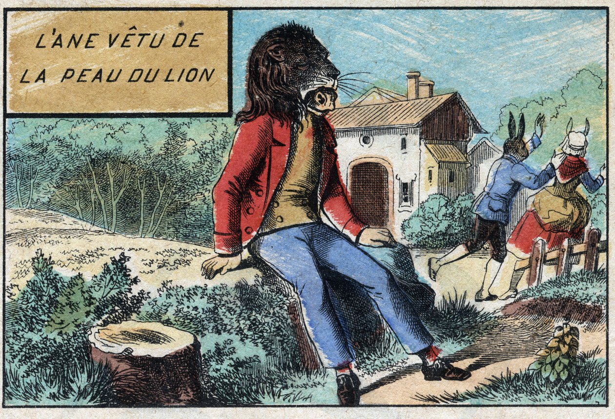 Burro a usar a pele do Leão. Fábulas de Jean de La Fontaine (1621-95), imagens da Epinal do final do século XIX. de French School
