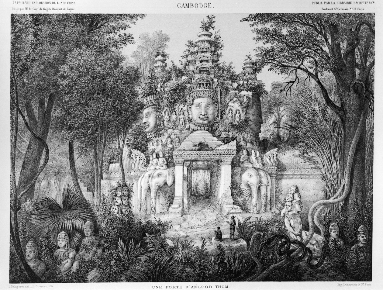 Entrada de Angkor Thom, ilustração do Atlas da viagem exploratória na Indochina, 1866-68 por Doudart de Lagree, publicado em 1873, Paris, Hachette de French School