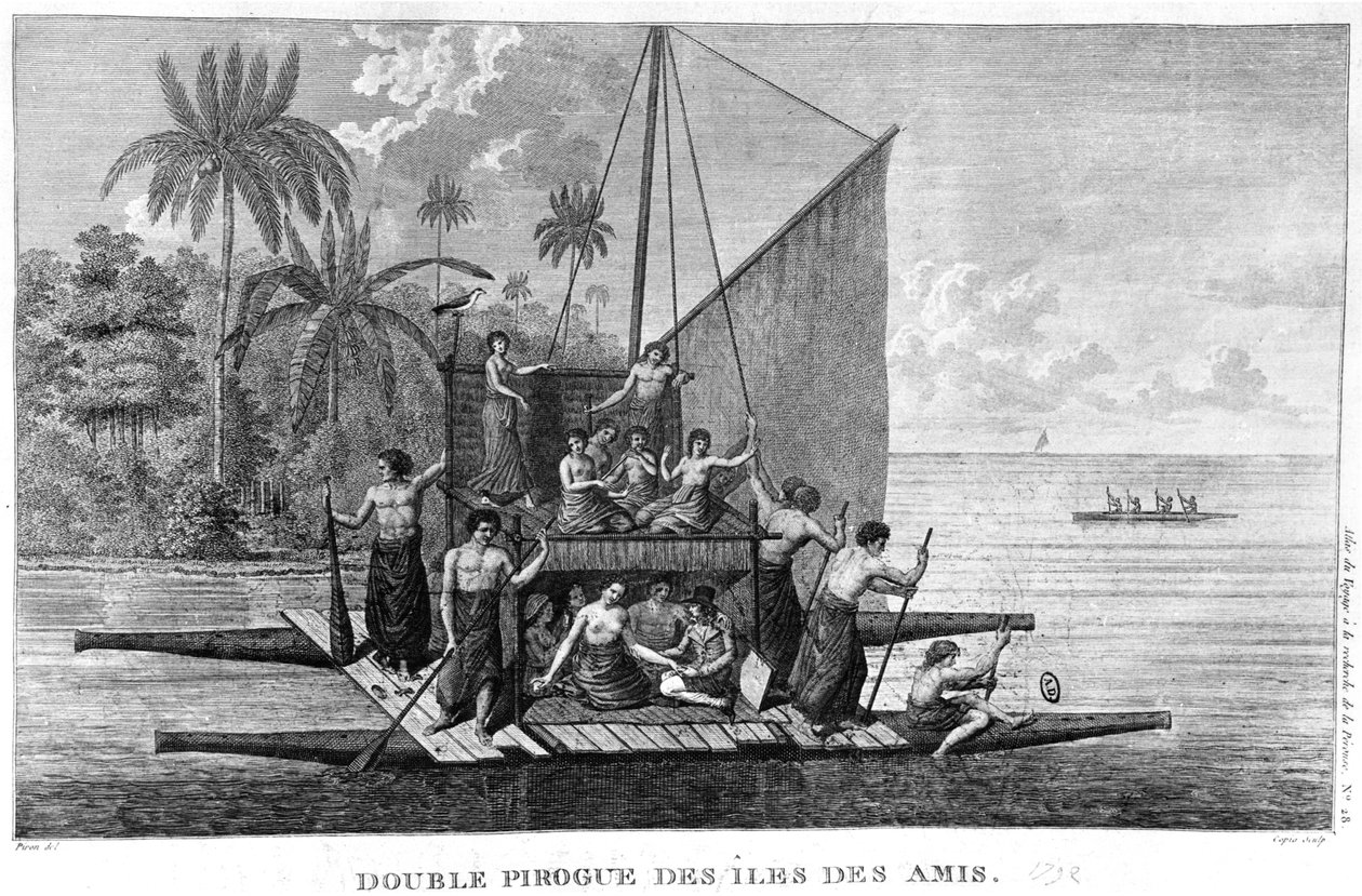 Piroga dupla das Ilhas Amigas, ilustração do Atlas da Viagem em busca de La Perouse, 1792 de French School