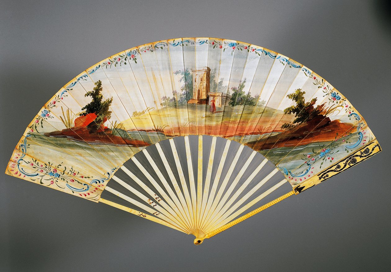 Ventilador de duas folhas pintado à mão com cena pastoral, costelas de marfim e prata, ca. 1760, costas, França de French School