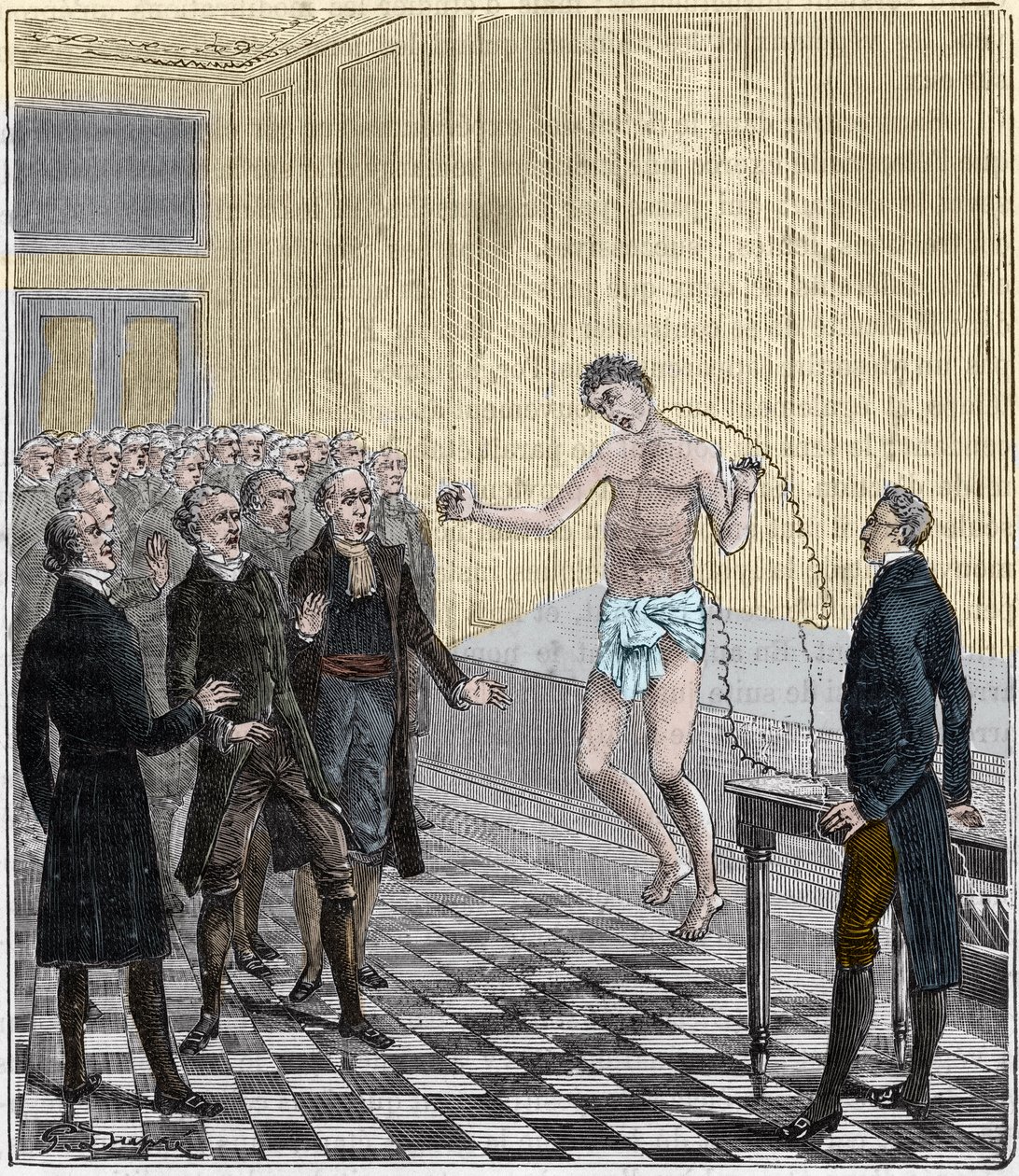 Dr Andrew Ure conduzindo experiências voltaicas sobre o corpo do assassino executado, Clydesdale, em 1818 - Experiência de Andrew Ure (1778-1857) sobre um cadáver - Gravura em "Sciences put at the door of all - physics and chemistry" por Alexis Clerc - Fin de French School