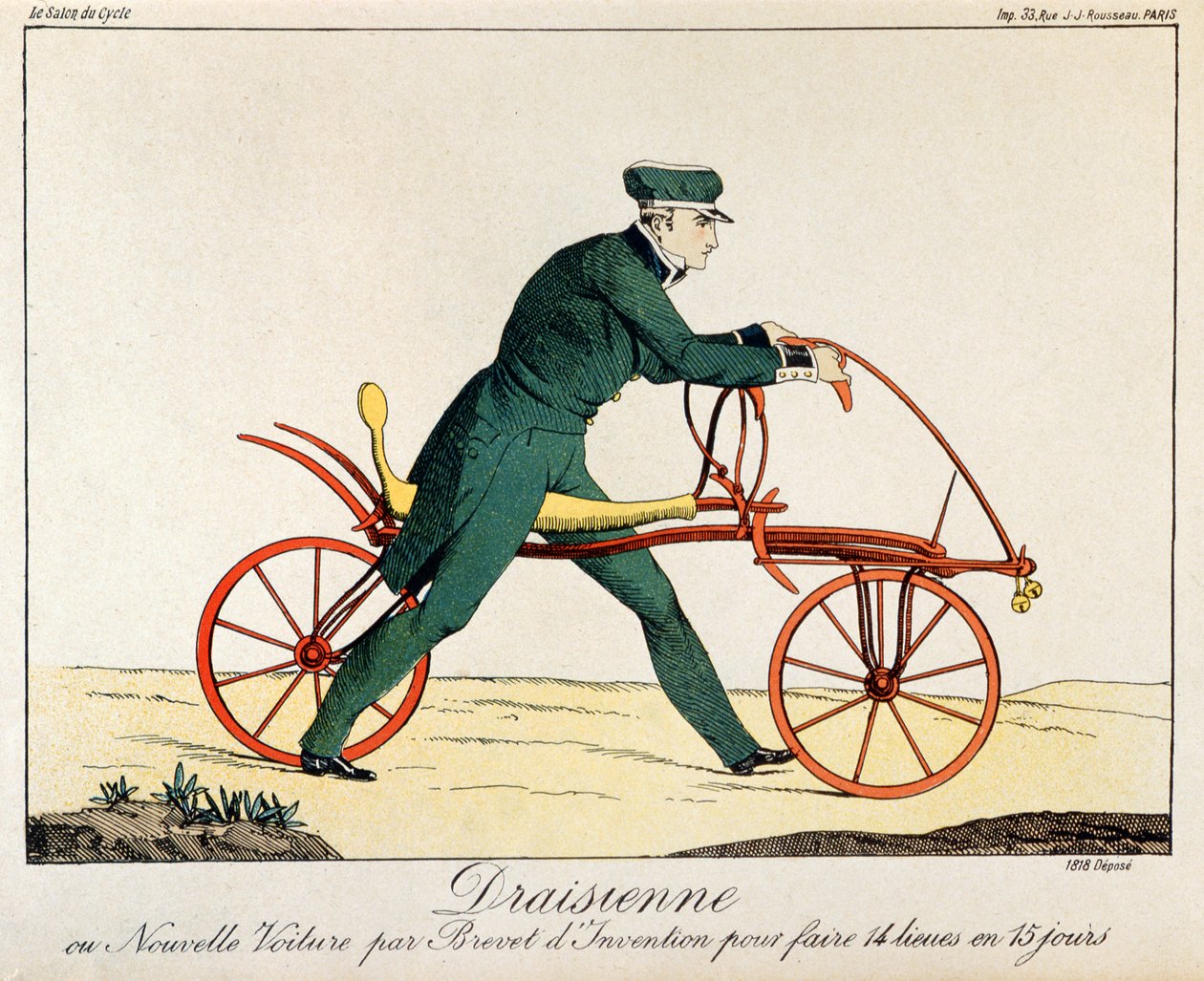 Draisienne, ancestral da bicicleta, 1820 (gravura a cores) de French School