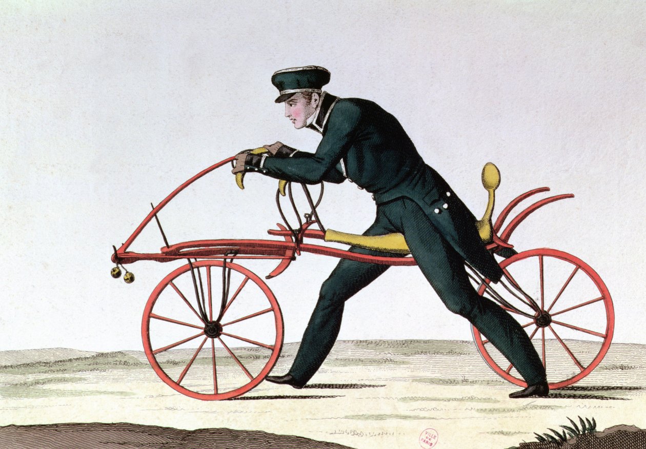 Draisienne, antepassado da bicicleta, inventou 1816 pelo Barão Karl von Drais (1785-1851), 1820 (gravura a cores) de French School