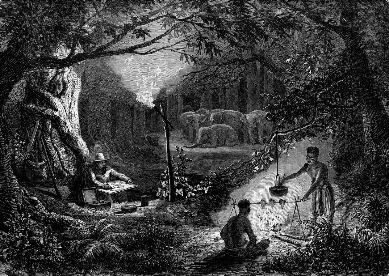 Desenho: um viajante desenhando uma cena de moral tem o brilho de uma tocha. Gravura em "Le Journal de la jeunesse". de French School