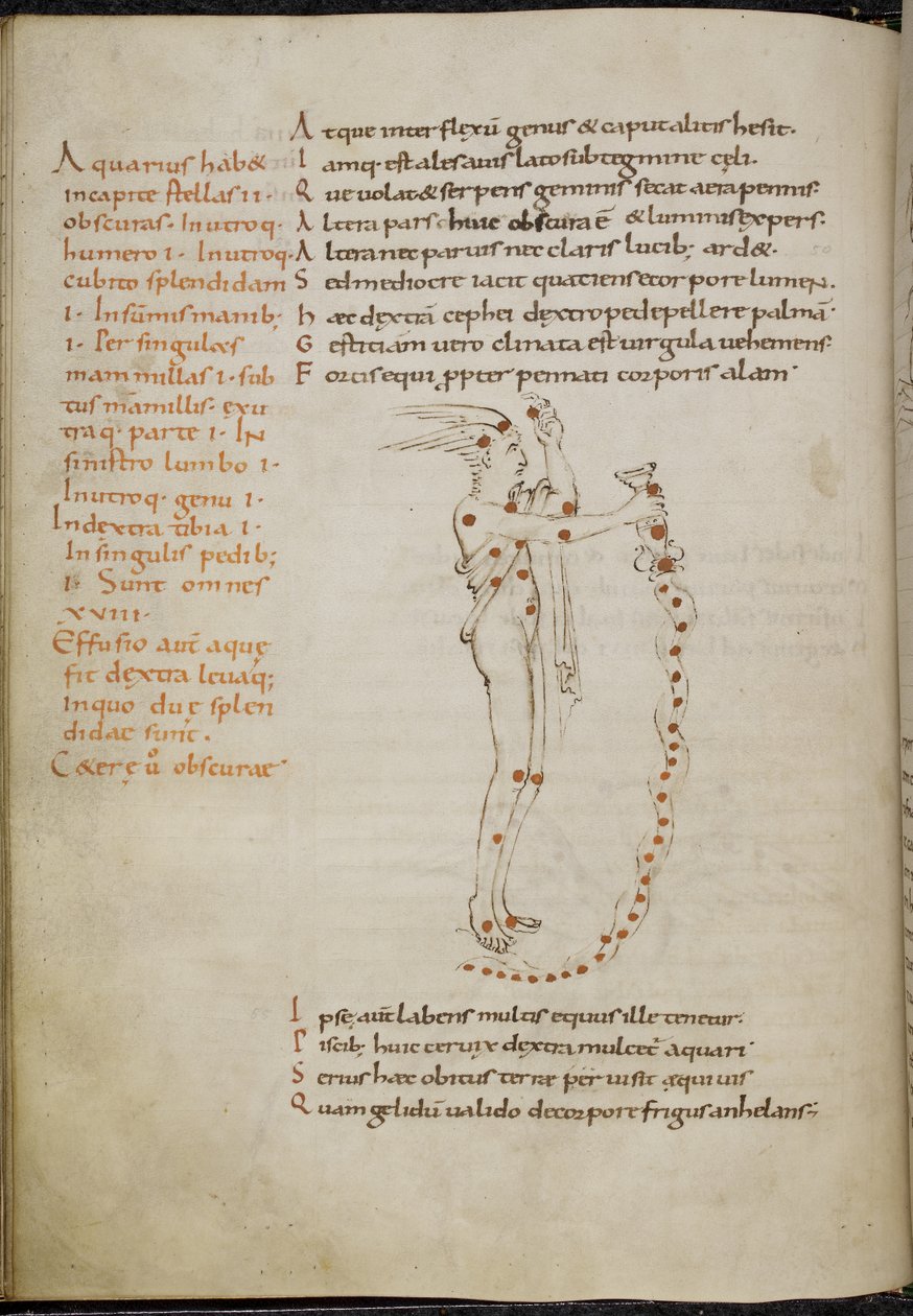 Desenho da constelação de Aquário, com as estrelas escolhidas como pontos vermelhos, de 