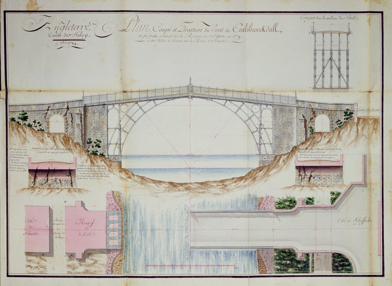 Desenhos e seção transversal da ponte de ferro construída em 1779 em Coalbrookdale, Shropshire, Inglaterra, 1784 (caneta, tinta & wc no papel) de French School